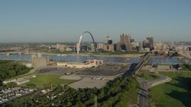 5.7K aerial stock footage of Gateway Arch and skyline from East St. Louis, sunrise, Downtown St. Louis, Missouri Aerial Stock Footage | DX0001_000538