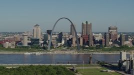 5.7K aerial stock footage of a grain elevator ascending to show the Gateway Arch and its museum, Downtown St. Louis, Missouri Aerial Stock Footage | DX0001_000567