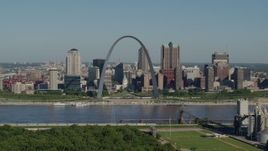 5.7K aerial stock footage reverse from the Arch and skyline, Downtown St. Louis, Missouri Aerial Stock Footage | DX0001_000568