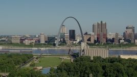 5.7K aerial stock footage of the Gateway Arch and skyline along the river, Downtown St. Louis, Missouri Aerial Stock Footage | DX0001_000570