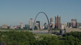 5.7K aerial stock footage descending below the Arch and city skyline, Downtown St. Louis, Missouri Aerial Stock Footage | DX0001_000575