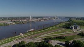 5.7K aerial stock footage of Stan Musial Veterans Bridge and grain center in St. Louis, Missouri Aerial Stock Footage | DX0001_000586