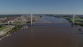 5.7K aerial stock footage of passing a cable-stayed bridge spanning the Mississippi River, St. Louis, Missouri Aerial Stock Footage | DX0001_000588