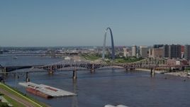 5.7K aerial stock footage of a view of the Gateway Arch across the river in Downtown St. Louis, Missouri, seen from East St. Louis Aerial Stock Footage | DX0001_000596