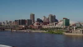 5.7K aerial stock footage of skyscrapers in Downtown St. Louis, Missouri, seen from the Mississippi River Aerial Stock Footage | DX0001_000597