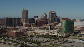 5.7K aerial stock footage of a reverse view of Lumière Place/Four Seasons Hotel in Downtown St. Louis, Missouri Aerial Stock Footage | DX0001_000600
