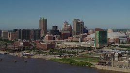 5.7K aerial stock footage of flying away from skyscrapers and hotels in Downtown St. Louis, Missouri Aerial Stock Footage | DX0001_000601