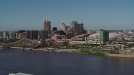 5.7K aerial stock footage of the Downtown St. Louis, Missouri skyline seen from the Mississippi River Aerial Stock Footage | DX0001_000602