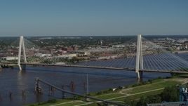 5.7K aerial stock footage of passing by the Stan Musial Veterans Memorial Bridge in St. Louis, Missouri Aerial Stock Footage | DX0001_000604