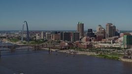 5.7K aerial stock footage of a slow approach to Downtown St. Louis, Missouri skyline from the Mississippi River Aerial Stock Footage | DX0001_000605