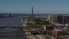 5.7K aerial stock footage of the Gateway Arch beside the Mississippi River in Downtown St. Louis, Missouri Aerial Stock Footage | DX0001_000608