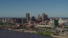 5.7K aerial stock footage of flying away from downtown's hotels and skyscrapers, Downtown St. Louis, Missouri Aerial Stock Footage | DX0001_000610