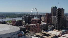 5.7K aerial stock footage ascend with a view of the Gateway Arch and buildings in Downtown St. Louis, Missouri Aerial Stock Footage | DX0001_000618