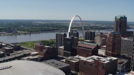 5.7K aerial stock footage of the Gateway Arch, Mississippi River and Downtown St. Louis, Missouri Aerial Stock Footage | DX0001_000619