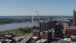 5.7K aerial stock footage flyby the river, Gateway Arch and office buildings in Downtown St. Louis, Missouri Aerial Stock Footage | DX0001_000627