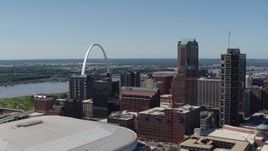 5.7K aerial stock footage top of Gateway Arch and downtown buildings seen from the stadium in Downtown St. Louis, Missouri Aerial Stock Footage | DX0001_000628