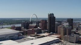 5.7K aerial stock footage reverse view of top of Gateway Arch and buildings in Downtown St. Louis, Missouri Aerial Stock Footage | DX0001_000629