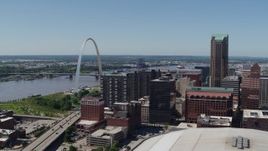 5.7K aerial stock footage of the Gateway Arch, the river and office buildings in Downtown St. Louis, Missouri Aerial Stock Footage | DX0001_000635