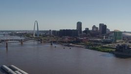 5.7K aerial stock footage of the Gateway Arch and skyscrapers seen from across the river, Downtown St. Louis, Missouri Aerial Stock Footage | DX0001_000643