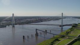 5.7K aerial stock footage of approaching the Stan Musail Veterans Memorial Bridge and Mississippi River in St. Louis, Missouri Aerial Stock Footage | DX0001_000647