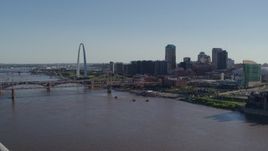 5.7K aerial stock footage fly away from the Mississippi River and Downtown St. Louis, Missouri Aerial Stock Footage | DX0001_000654
