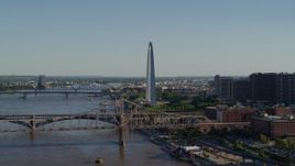 5.7K aerial stock footage of the Gateway Arch between bridges in Downtown St. Louis, Missouri Aerial Stock Footage | DX0001_000657