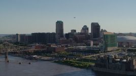 5.7K aerial stock footage flying away from downtown to reveal the Gateway Arch in Downtown St. Louis, Missouri Aerial Stock Footage | DX0001_000659