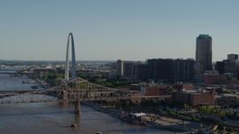 5.7K aerial stock footage of a view of the Martin Luther King Bridge and Gateway Arch in Downtown St. Louis, Missouri Aerial Stock Footage | DX0001_000664