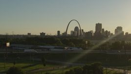 5.7K aerial stock footage of the Gateway Arch and Downtown St. Louis, Missouri skyline at sunset Aerial Stock Footage | DX0001_000696