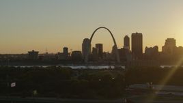 5.7K aerial stock footage the skyline of Downtown St. Louis, Missouri and the Gateway Arch seen from East St. Louis Aerial Stock Footage | DX0001_000703