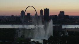 5.7K aerial stock footage of the Gateway Geyser and Arch, Downtown St. Louis, Missouri, twilight Aerial Stock Footage | DX0001_000749