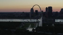 5.7K aerial stock footage reverse view of Gateway Geyser and Arch, Downtown St. Louis, Missouri, twilight Aerial Stock Footage | DX0001_000751