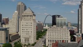 5.7K aerial stock footage slow flyby of courthouses to reveal the Gateway Arch in Downtown St. Louis, Missouri Aerial Stock Footage | DX0001_000776
