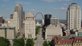 5.7K aerial stock footage of following Market Street toward the Museum at the Gateway Arch in Downtown St. Louis, Missouri Aerial Stock Footage | DX0001_000779