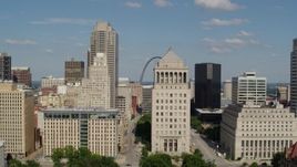 5.7K aerial stock footage reverse from courthouses for view of Gateway Arch in Downtown St. Louis, Missouri Aerial Stock Footage | DX0001_000784