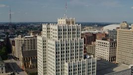 5.7K aerial stock footage reverse and stationary view of the Park Pacific apartment building in Downtown St. Louis, Missouri Aerial Stock Footage | DX0001_000790