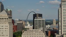 5.7K aerial stock footage flyby courthouse tower with view of Arch, reveal the museum in Downtown St. Louis, Missouri Aerial Stock Footage | DX0001_000792