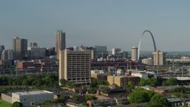 5.7K aerial stock footage flyby office building in Downtown St. Louis, Missouri, with view of the Gateway Arch Aerial Stock Footage | DX0001_000814