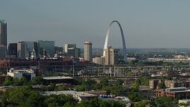 5.7K aerial stock footage of the Gateway Arch and part of the baseball stadium in Downtown St. Louis, Missouri Aerial Stock Footage | DX0001_000820