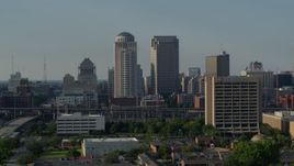5.7K aerial stock footage of tall skyscrapers and reveal an office building in Downtown St. Louis, Missouri Aerial Stock Footage | DX0001_000821