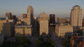 5.7K aerial stock footage of courthouses seen while descending at sunset, Downtown St. Louis, Missouri Aerial Stock Footage | DX0001_000846