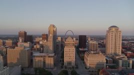 5.7K aerial stock footage of flying away from the courthouses and downtown at sunset, Downtown St. Louis, Missouri Aerial Stock Footage | DX0001_000864