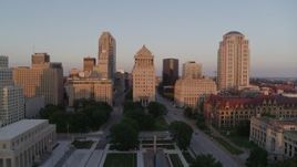 5.7K aerial stock footage of a stationary view of the courthouses and downtown at sunset, Downtown St. Louis, Missouri Aerial Stock Footage | DX0001_000866