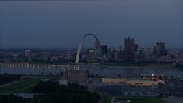 5.7K aerial stock footage the Gateway Arch at twilight, across the river in Downtown St. Louis, Missouri Aerial Stock Footage | DX0001_000902