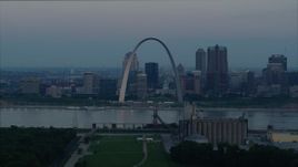 5.7K aerial stock footage of the Gateway Arch and the skyline of Downtown St. Louis, Missouri, across the river at sunrise Aerial Stock Footage | DX0001_000921