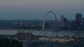 5.7K aerial stock footage of the Gateway Arch and Downtown St. Louis, Missouri, across the Mississippi River at sunrise Aerial Stock Footage | DX0001_000923