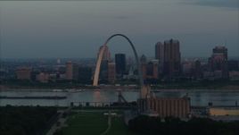 5.7K aerial stock footage of the riverfront Gateway Arch in Downtown St. Louis, Missouri, at sunrise Aerial Stock Footage | DX0001_000930