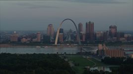 5.7K aerial stock footage of the Gateway Arch by the Mississippi River at sunrise in Downtown St. Louis, Missouri Aerial Stock Footage | DX0001_000938