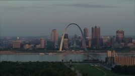 5.7K aerial stock footage of the St. Louis Arch and the city skyline at sunrise in Downtown St. Louis, Missouri Aerial Stock Footage | DX0001_000944
