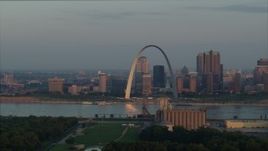 5.7K aerial stock footage of the St. Louis Arch and the downtown skyline at sunrise in Downtown St. Louis, Missouri Aerial Stock Footage | DX0001_000945